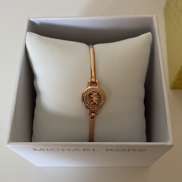 Michael Kors Polished Rose Gold-Tone MK Logo Bangle Bracelet - Picture 4 of 7